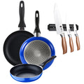 Set of 3 San Ignacio frying pans (16+20+24cm) pressed aluminum ind blue + Set of 3 stainless steel knives with magnetic wall
