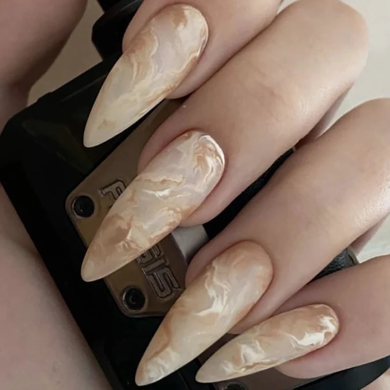 Wholesale 24Pcs Temooi Marbling Long Stiletto ABS Press-On Finger Nails French Style Fake Nail Tips with Glue