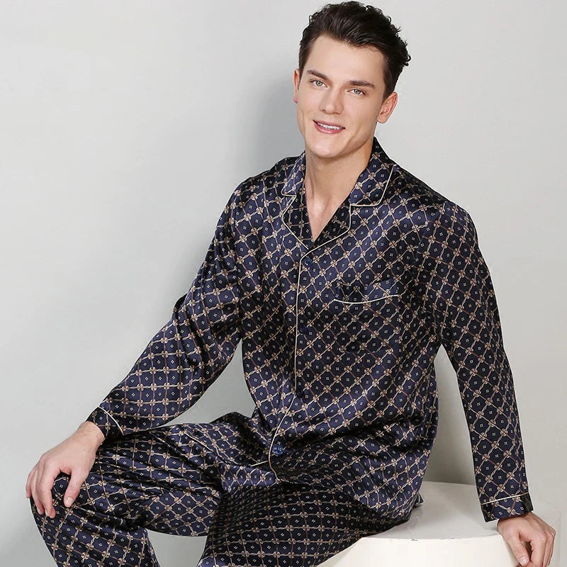 New Arrival Long Sleeve Luxury Men's Sleepwear Digital Printing Men Silk Satin Pajamas Set