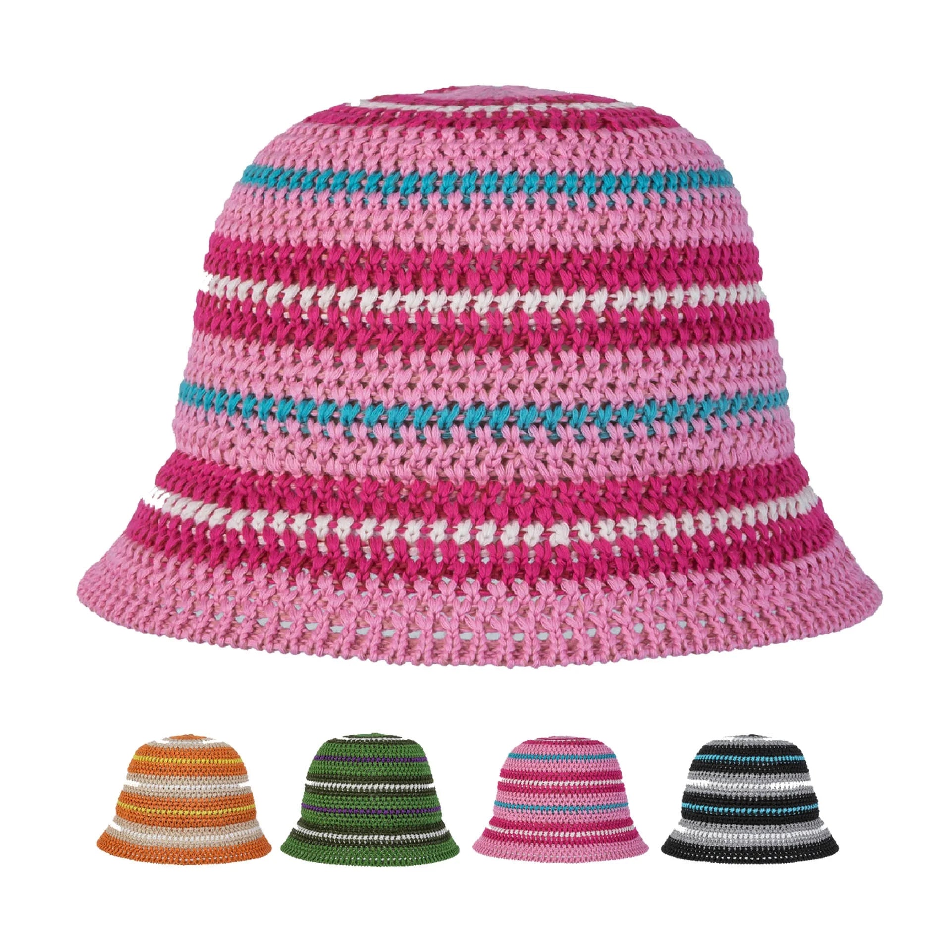 WD-A800 Handmade Knitted Summer Foldable Striped Fishing Hat Colorful Street Fashion Crochet Bucket Hat Casual Party Travel 100%