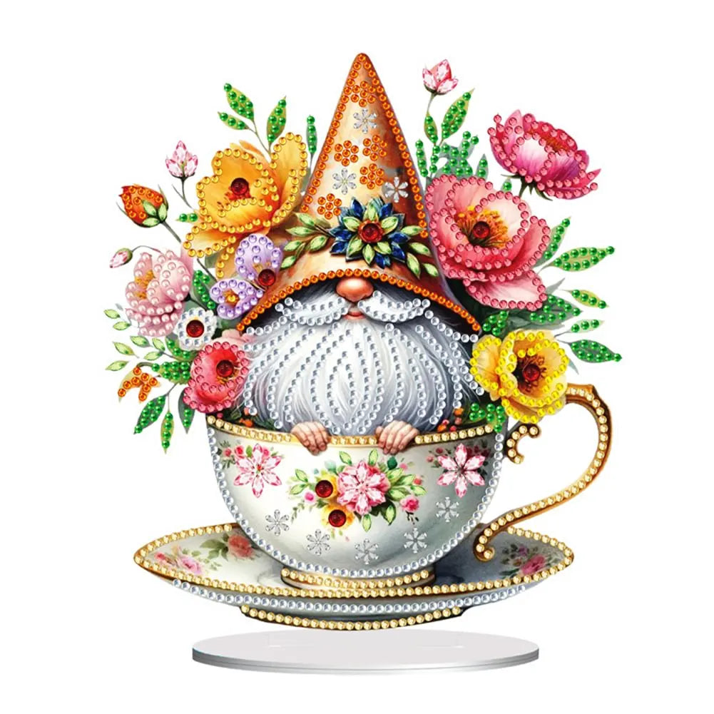 DIY Tea Cup Flower Gnome Diamond Painting Desk Ornament Irregular Shaped Acrylic Home Decor Diamond Painting Tabletop Ornament