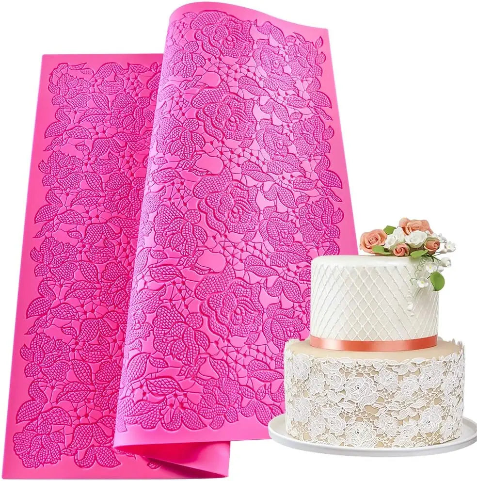 LifeTop Rose Flower Silicone Lace Mat Silicone Cake Fondant Mat Rose Impression Lace Mold 16 X 12 Inches Pink Rose