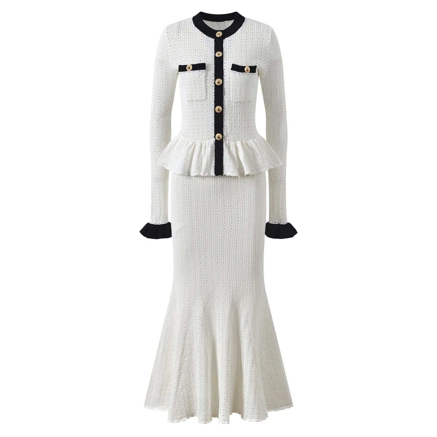 2025 Autumn New French Contrast Patchwork White Dress Round Neck Long Sleeve Knitted Elegant Casual Dress