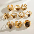 Fashion Luxury Stainless Steel Jewelry Gold Plated Ring Set Women Jewelry Round Oval Tiger Eye Hammered Open Ring