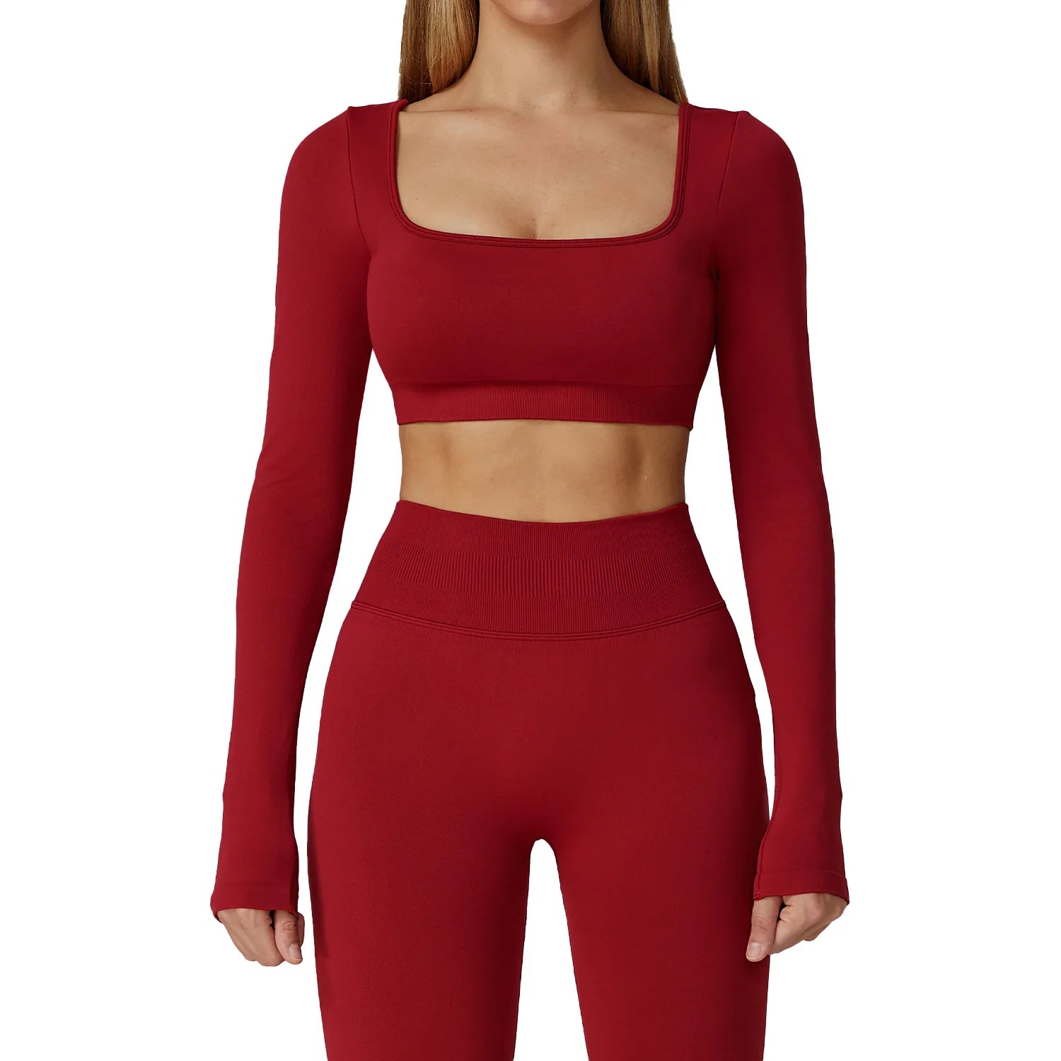 Women Breathable Long Sleeve Square Neck Yoga Crop Top Sexy Open Back Slim Fit Removable Padded Fitness Yoga Top for Gym Workout