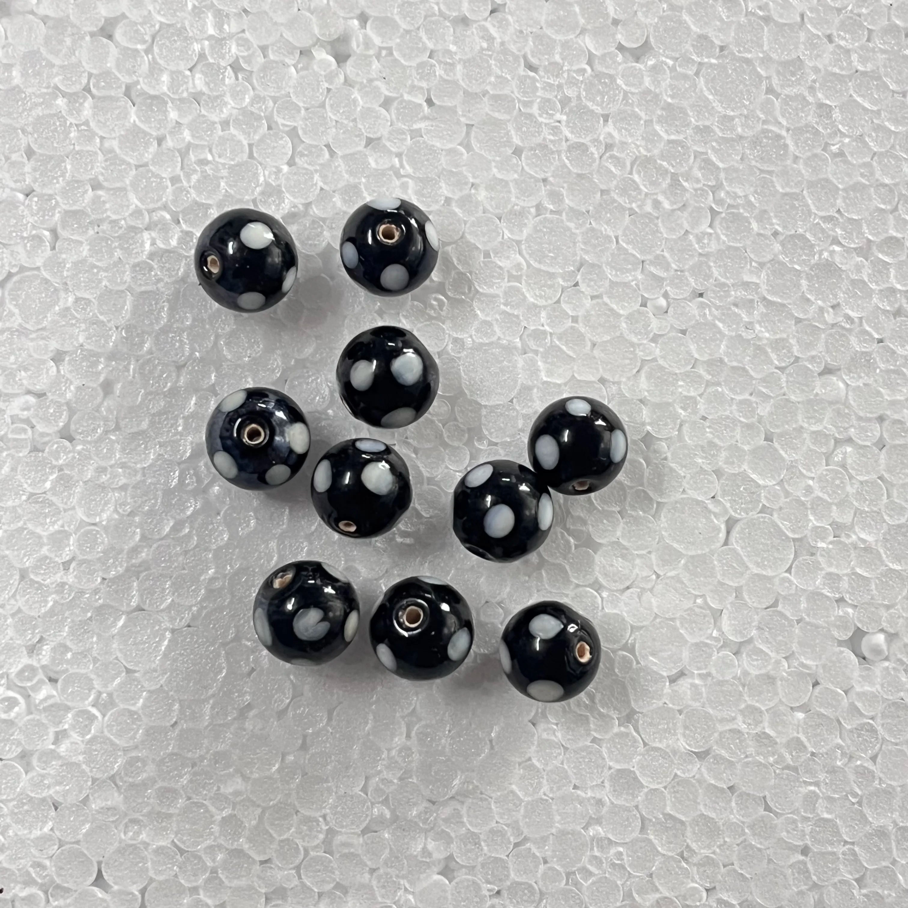 Handmade Round Black Glass Beads with White Polka Dots Lampwork Jewelry Making DIY Craft Supplies Box Necklace Design