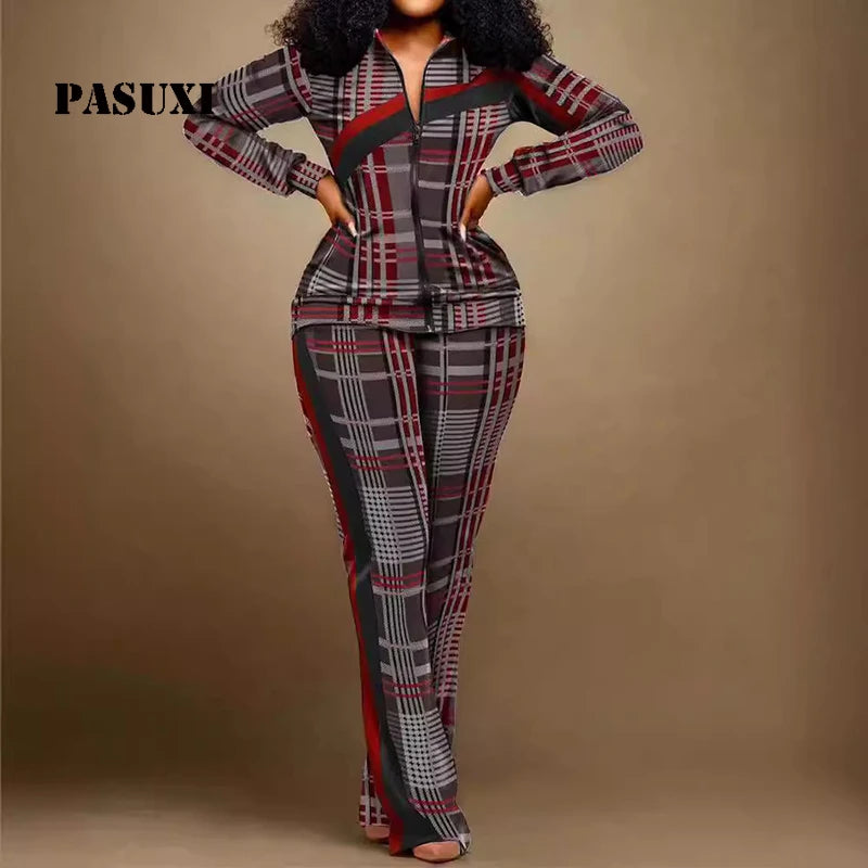 PASUXI 2026 Autumn Women Two Piece Tracksuit Set Printed Zipper Long Sleeve Jacket Loose Jogger Pants Casual Fall Fashion Outfit