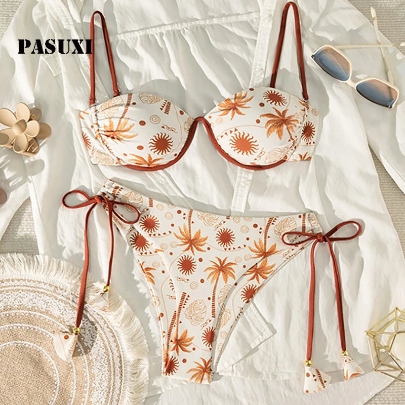 PASUXI Hot Selling Sexy Bikini Women's Two-Piece Swimsuit Lace-Up Coconut Tree Printed Beachwear Beach Hot Spring Swimsuit MegaBDM