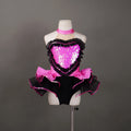 Girls Stage Performance Leotard-Black & Hot Pink Ruffled Heart Bodysuit with Tulle Tutu Skirt (Spandex/Nylon) for Dance Recitals MegaBDM