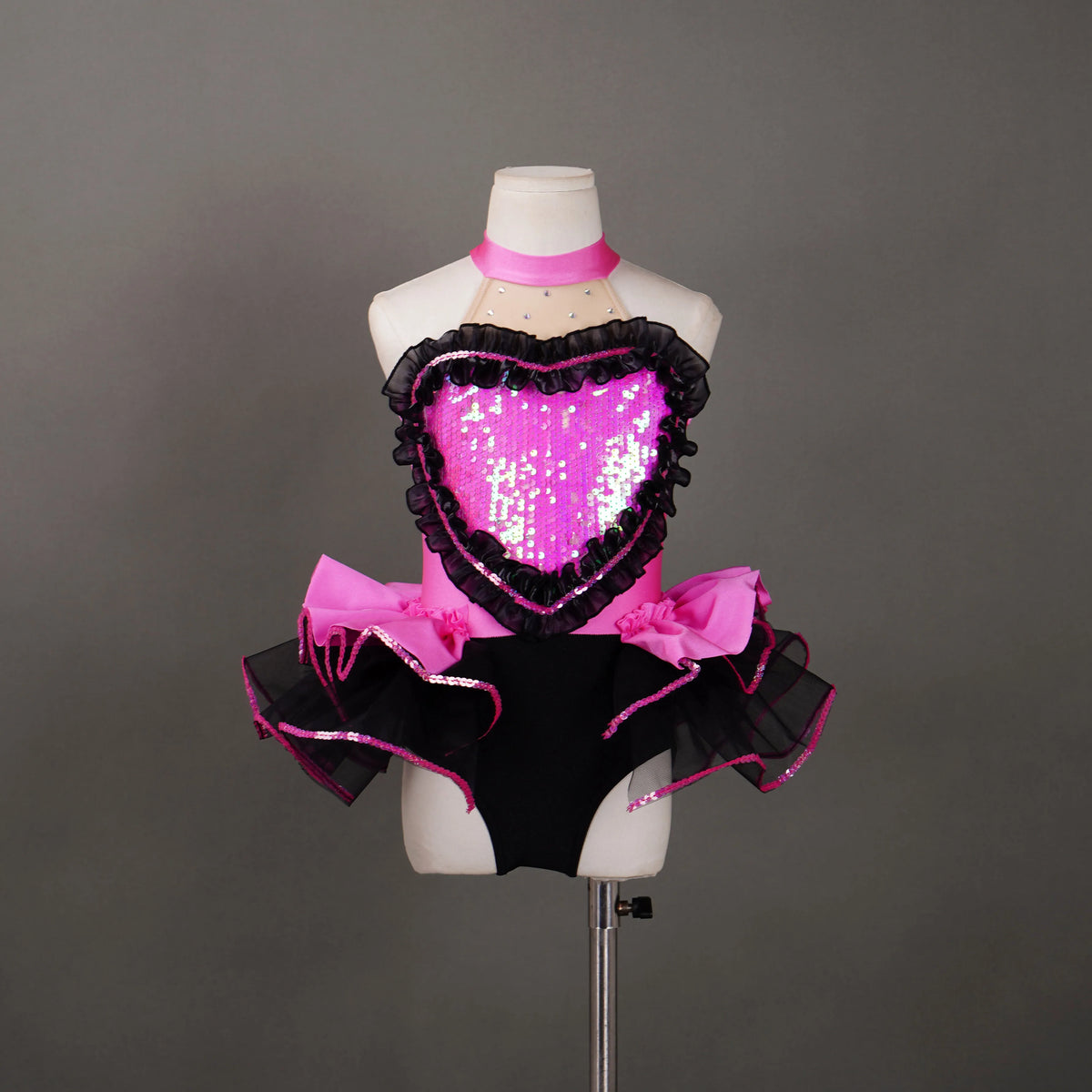 Girls Stage Performance Leotard-Black & Hot Pink Ruffled Heart Bodysuit with Tulle Tutu Skirt (Spandex/Nylon) for Dance Recitals MegaBDM
