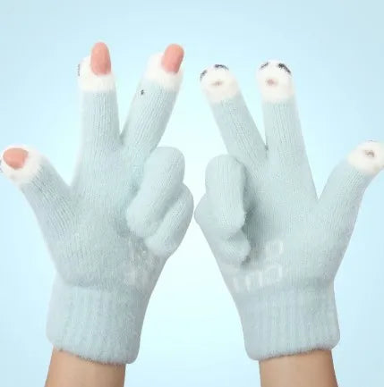 Gloved Women's Winter New Cute Cartoon Warmth for Playing with Mobile Phones Writing with Open Fingers Touchscreen Riding