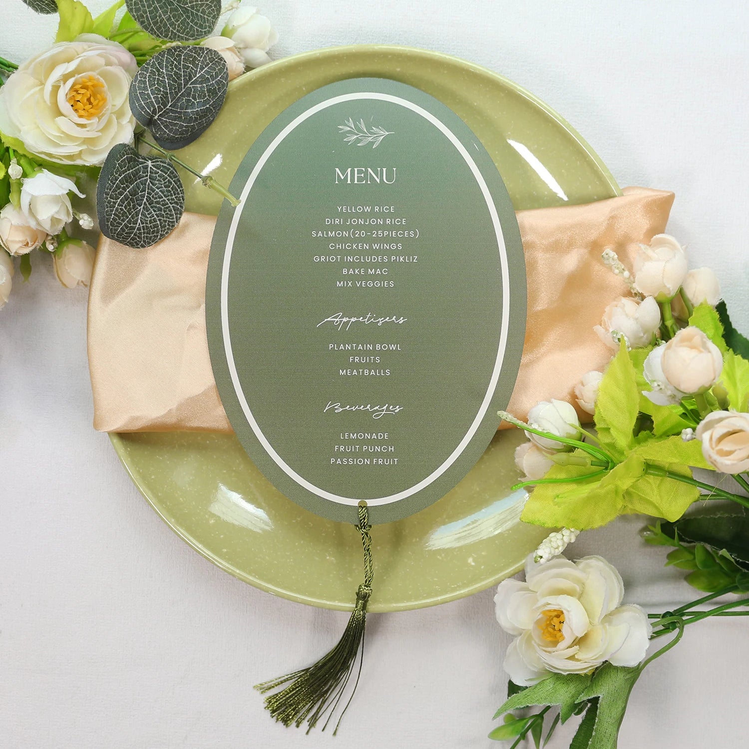 Chic Oval Acrylic Wedding Table Menu With Tassel Accessory for Wedding and Special Event Table Presentation