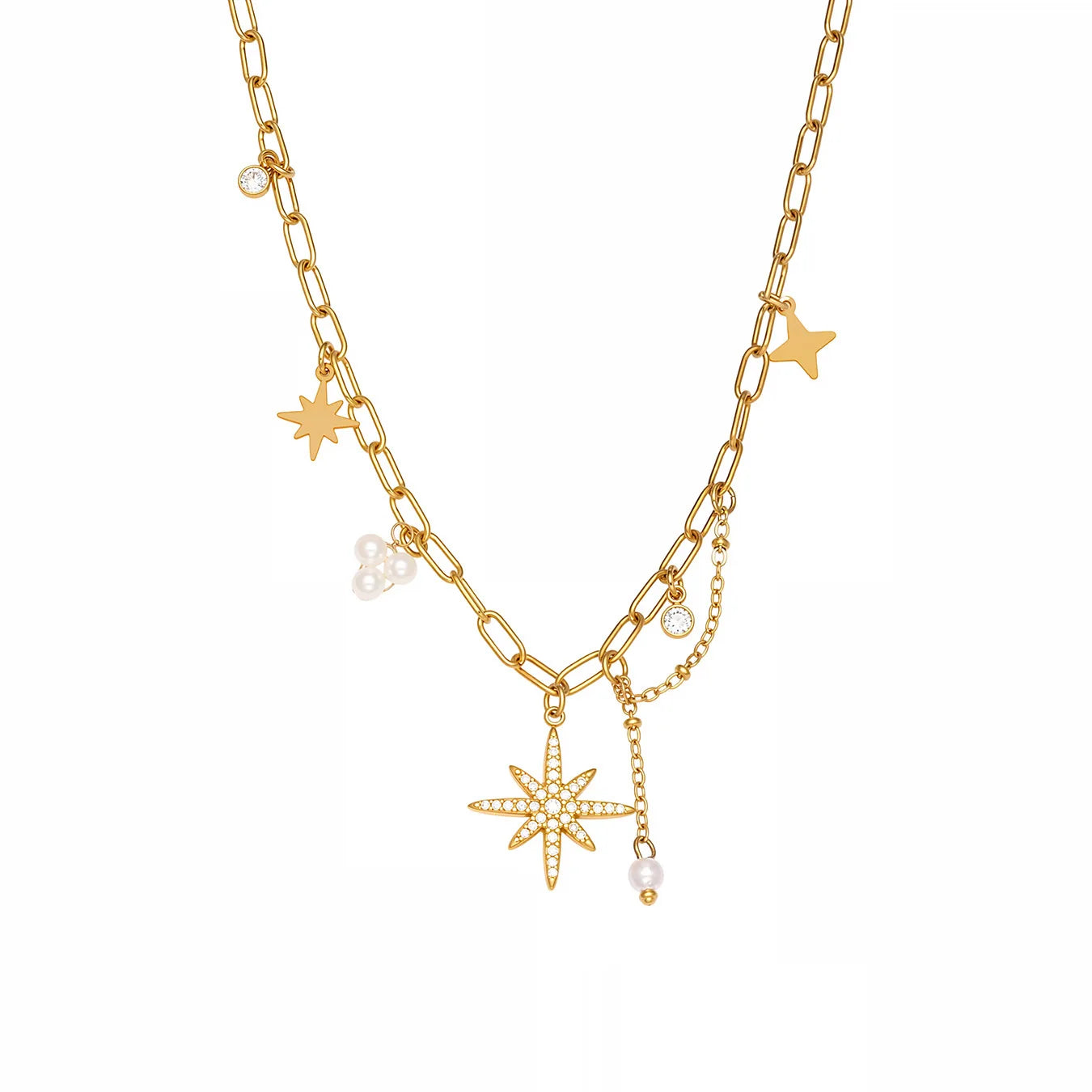Wholesale Stainless Steel Octagon Star Pendant Choker Crystal Zircon Beaded Fringe Necklace for Women Fashion Accessories