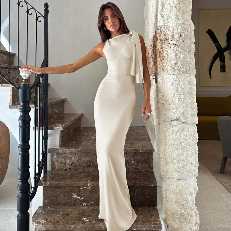 2025 Summer New Arrival Fashionable and Elegant One-Shoulder Sash Solid-Color Dress Dresses Women Lady Elegant