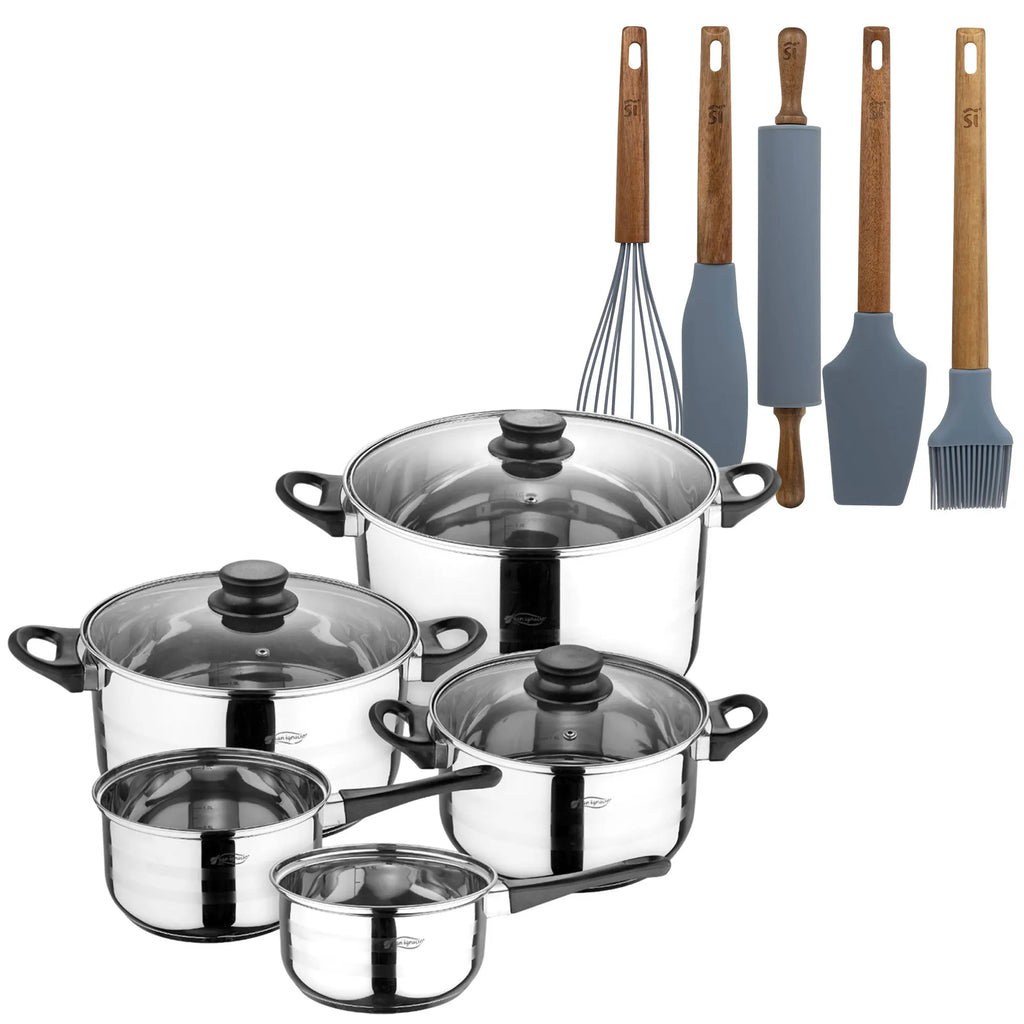 San Ignacio Eight-Piece Cookware Set + NOIA San Ignacio 5-Piece Silicone and Acacia Wood Kitchen Utensil Set