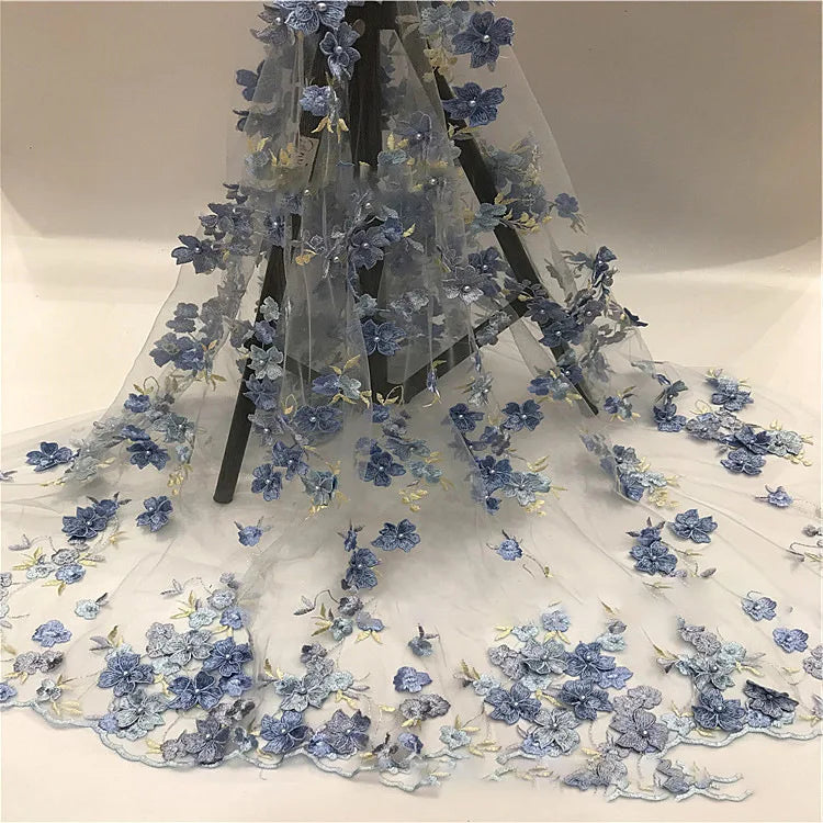 High Quality Luxury Indian Bridal 3D Flora Embroidered 100% Polyester Eco-Friendly Bubble Beaded Four-leaf Lace Fabric Girls