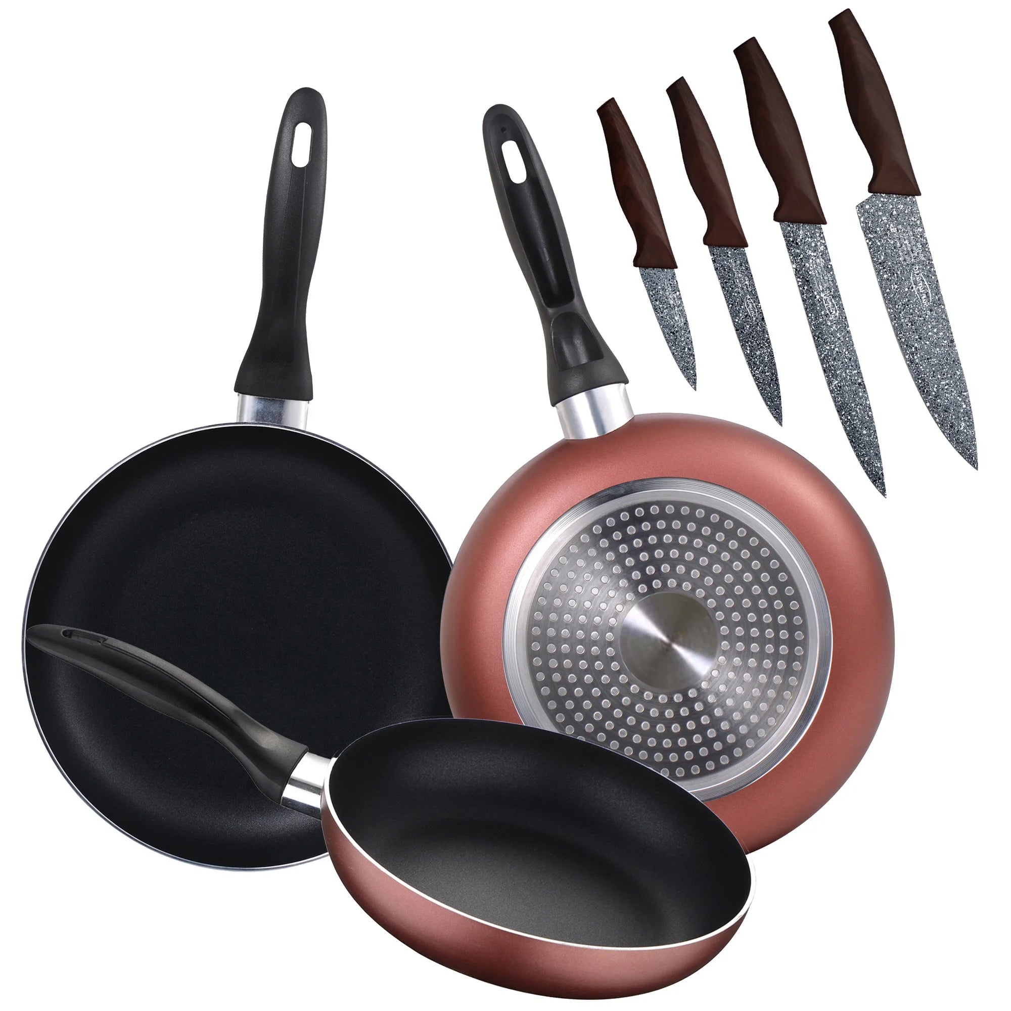 RENBERG set of 3 frying pans with set of 4 kitchen knives Paradise collection