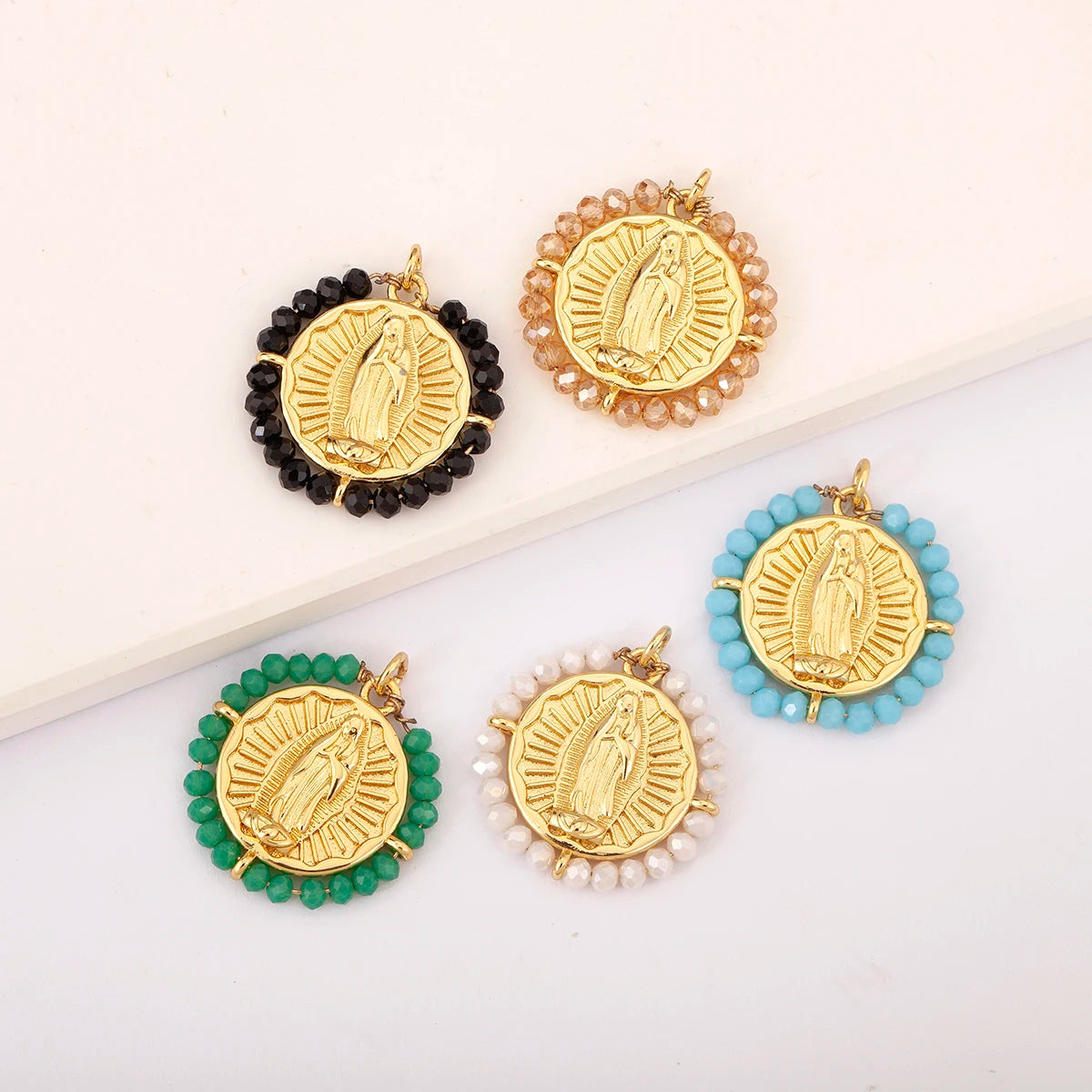 QIKU Our Lady of Guadalupe Gold Plated Pendant Colorful Beads Mexican Catholic Religious Jewelry for Necklace Making