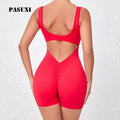 PASUXI Women's Quick-Dry Yoga Jumpsuit V Back Fitness Bodysuit - High Waisted Workout Rompers Sports Tight One Piece for Women