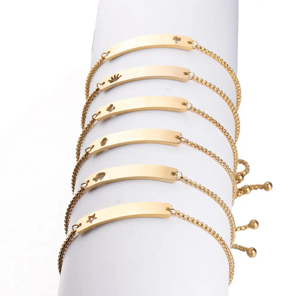 Trendy Stainless Steel Chain Bracelets Mirror Polish Engraved Logo Hollow Star Elephant Tree Curved Long Bar Charm for Gift