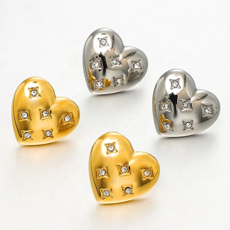 Showfay Bulk Wholesale Stainless Steel Jewelry Chic Jewelry 18K Gold Plated Tarnish Free Zircon Heart Stud Earrings