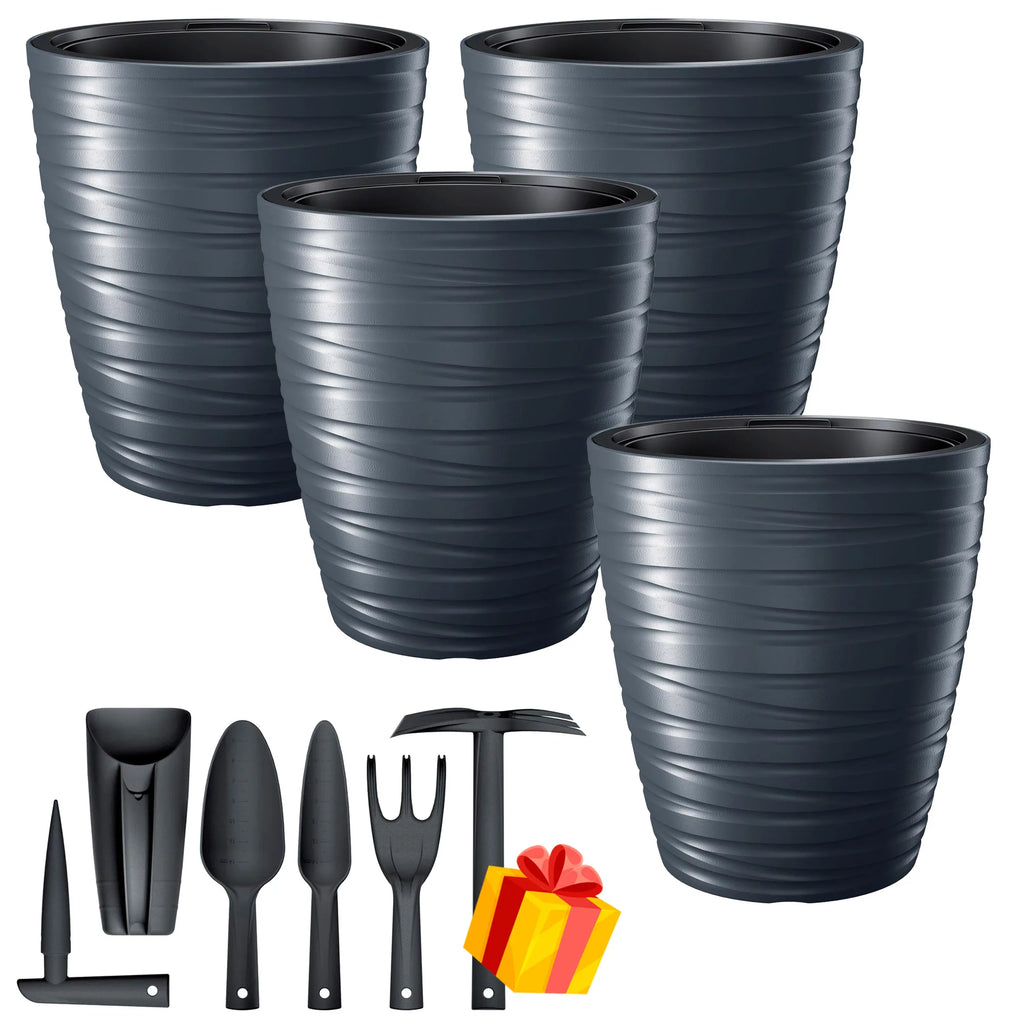 Set of 4 Maze plastic planters with 16L reservoir in anthracite color 29.6 x 29.6 x 32.9 cm + FREE set of 6 garden tools