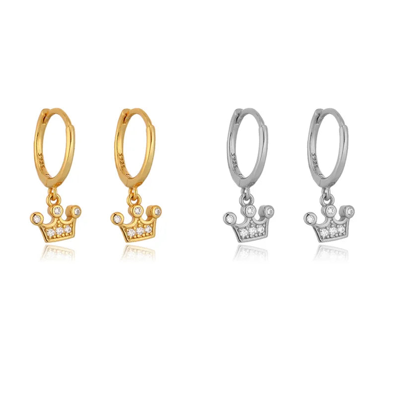 EH1017 925 Sterling Silver Crown Earrings Hoop  Temperament Simple Inlaid for Women Girls Wedding Jewelry Accessories