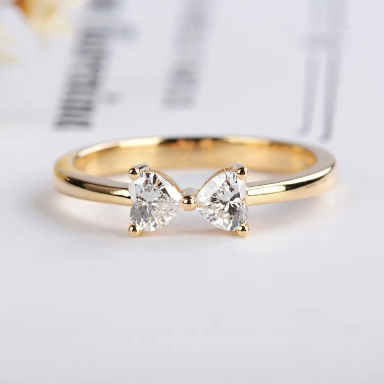 18K Gold Plated Zircon Bow Knot Ring 925 Sterling Silver Cute Accessories