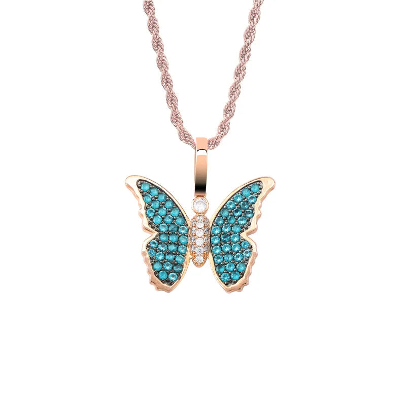 Copper Alloy Hip Pop Zircon Stone Micro Setting AAA Zircon Personalized Butterfly Jewelry Pendant Necklace