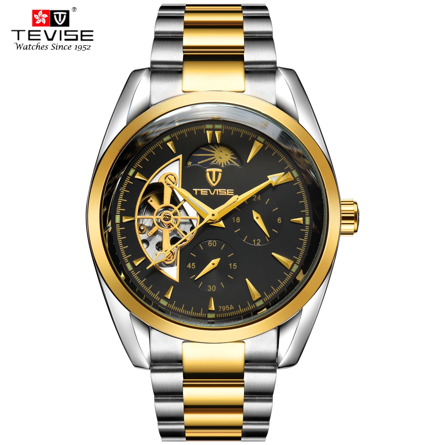 TEVISE 795A Automatic Mechanical Watch 2024 Top Selling Waterproof Men Business Moon Phase Multiple Time Zone Wristwatch