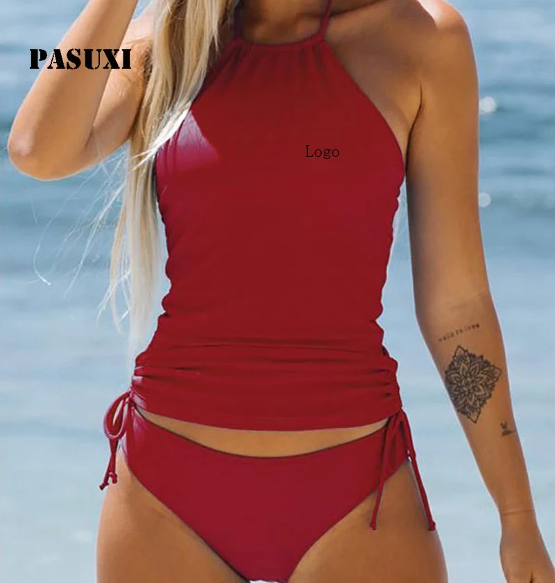 PASUXI 2025 New High Waist Plus Size Solid Bikini Set Two Piece Bathing Suits for Women Tummy Control Swimwear
