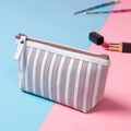 SW Trendy Custom Cotton Cosmetic Bag for Lady Striped Portable Zippered Travel Storage Bag Waterproof Handbag with Bottom Part