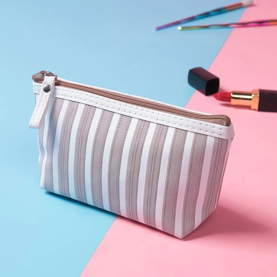 SW Trendy Custom Cotton Cosmetic Bag for Lady Striped Portable Zippered Travel Storage Bag Waterproof Handbag with Bottom Part