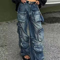 American Style Heavy Washed Multi-Pocket Cargo Jeans for Women Vintage Distressed Loose Fit Streetwear Custom OEM/ODM