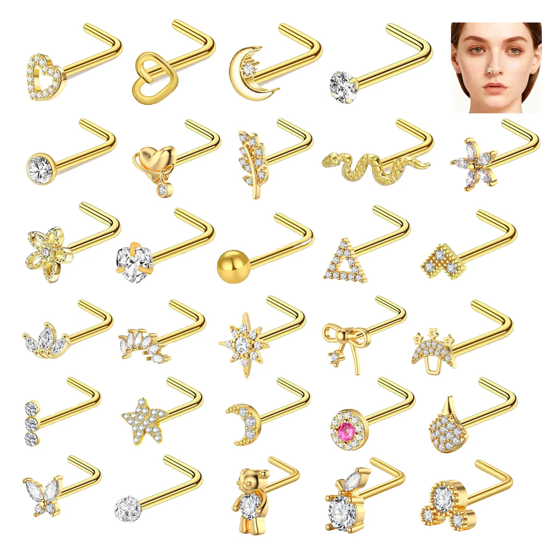 Nose Stud Jewelry Fashion Gold L-rod butterfly Moon Nose Ring Stainless Steel Heart-shaped Nose Stud Simple Women's Body Jewelry