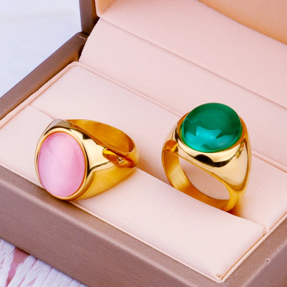 Pink and Green Cat's Eye Stone Stainless Steel Ring Fashion Wedding Engagement Gift Party Anniversary Band