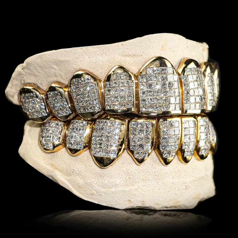 Custom Made 925 Sterling Silver Grills Princess Cut VVS Moissanite Endless Invisible Set Diamonds Gold Dental Teeth Grillz