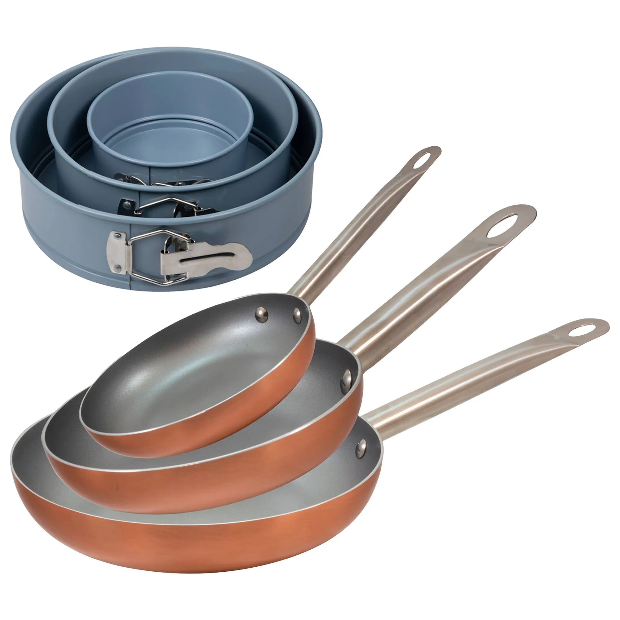 Set of 3 San Ignacio frying pans (18 22 26cm) pressed aluminum suitable for induction hobs + Set of 3 round oven molds