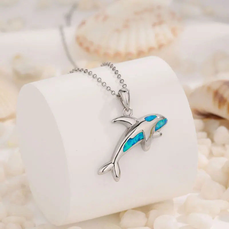 Low MOQ Wholesale Sea Beach Jewelry Women Blue Opal 925 Sterling Silver Whale Necklace