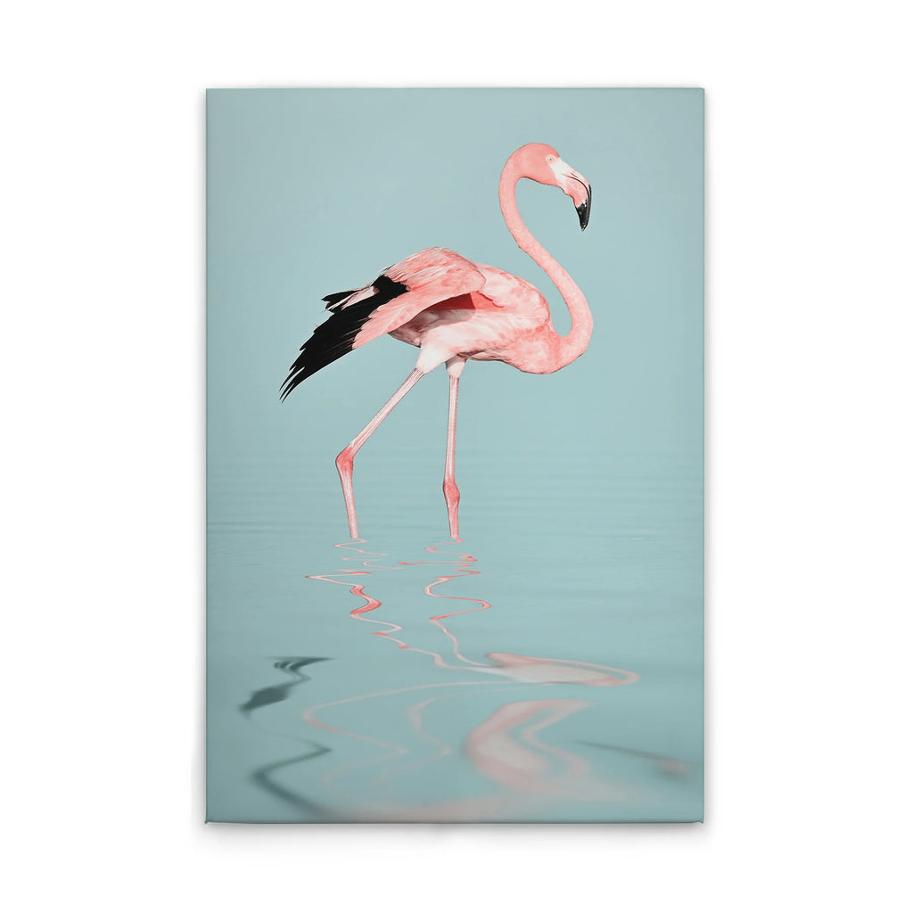 Made In Germany - Home Decor Canvas Picture Flamingo In The Water - Wall Painting Mural In Blue And Pink - Stretcher Frame Art