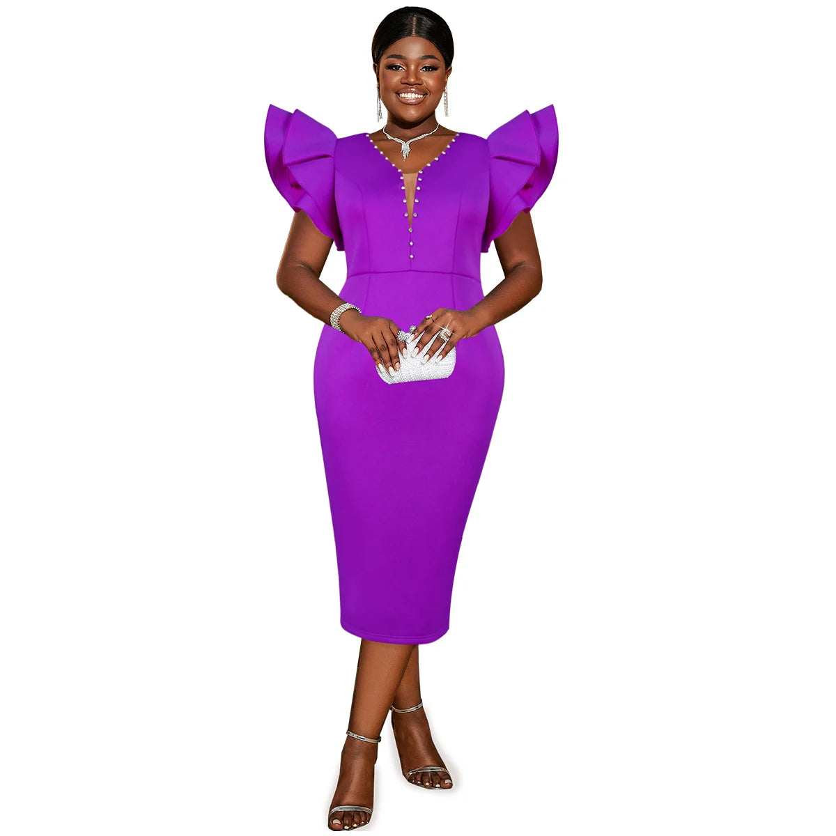 AM031205 Purple Midi Deep V Neck Beading Flying Sleeves Women Cocktail Dresses