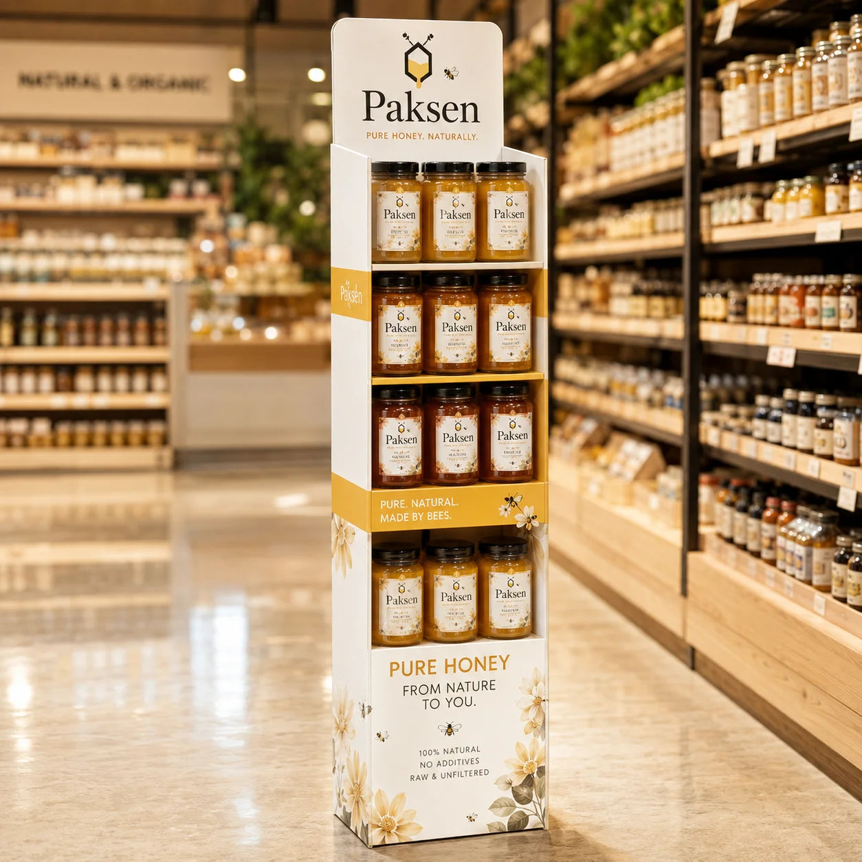 Custom Corrugated Floor Display Stand for Jar Honey Bee Product Health Food Retail POP Paper Display Rack
