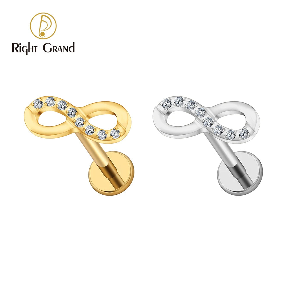 Internal Thread Titanium CZ Infinity Symbol Stud Earring 16G Cartilage Helix Tragus Stud Flat Back Labret Piercing Jewelry
