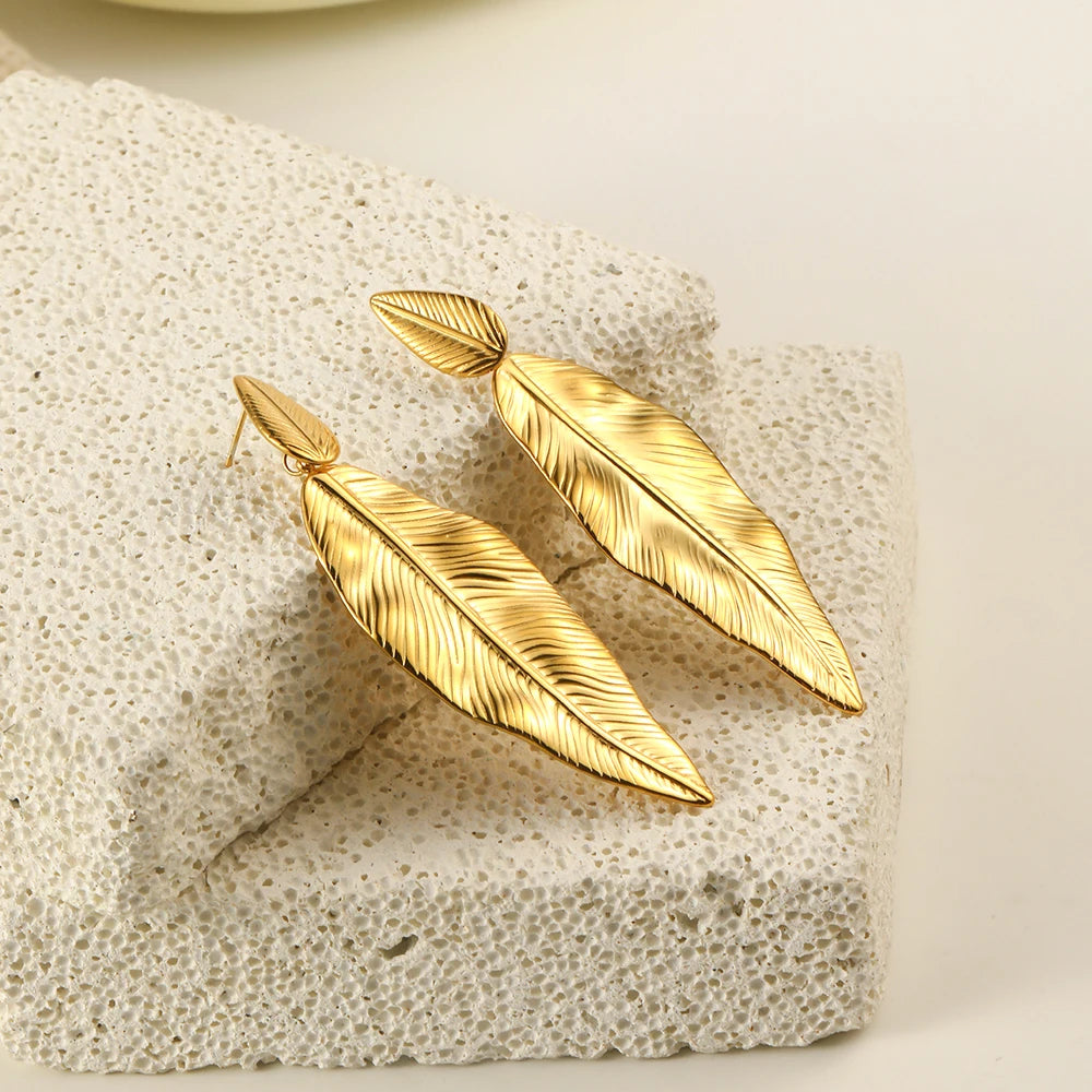 Dreamshow Fashion Leaf Statement Earring 18k Gold Plated Stud Drop Earring Waterproof Non Tarnish Stainless Steel Jewelry