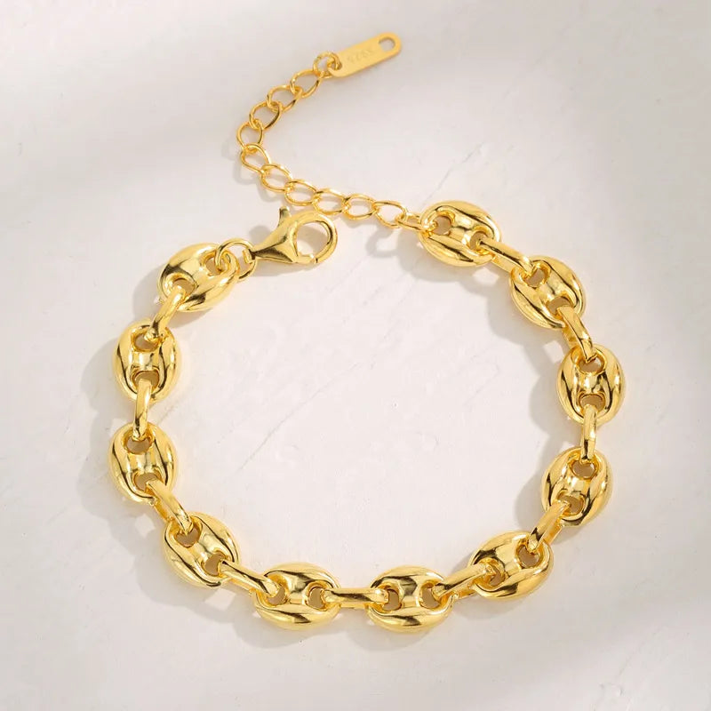 Wholesale Women 925 Sterling Silver Chain Gold Plated Coffee Bean Link Bracelet