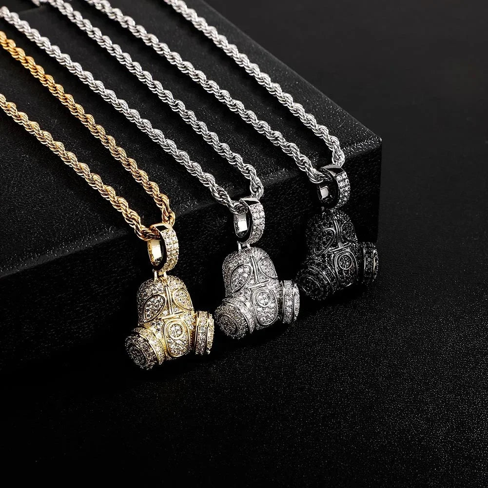 Luxury Iced Out Gas Mask Pendant Necklaces Brass Gold Plated with Sparkling Cubic Zirconia Men Women Hip Hop Style Bling Jewelry