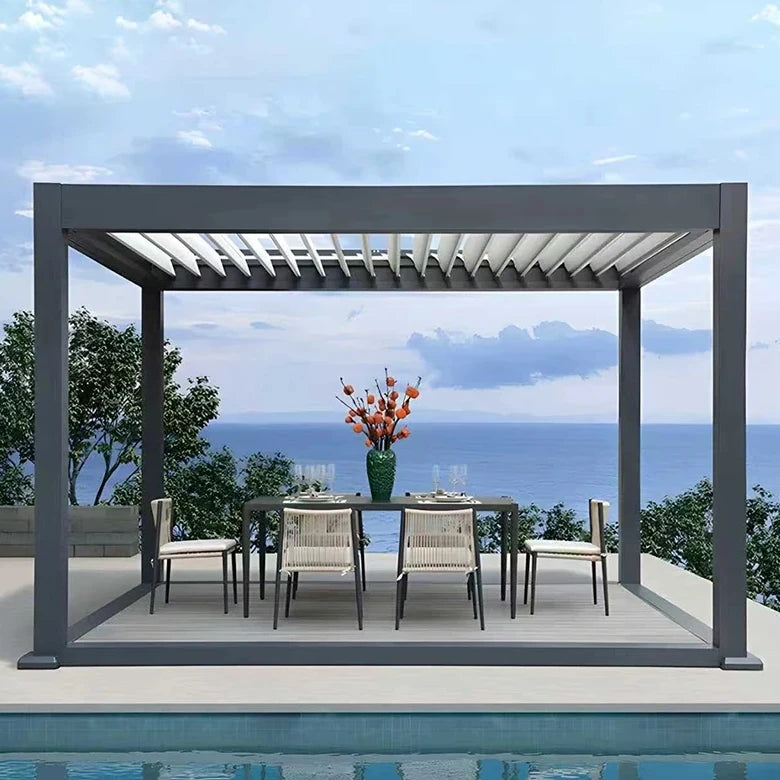 Custom-designed Automatic Rainproof Louver Roof Terrace Gazebo With Roller Blind and LED Light Aluminum Louvered Roof Pergola