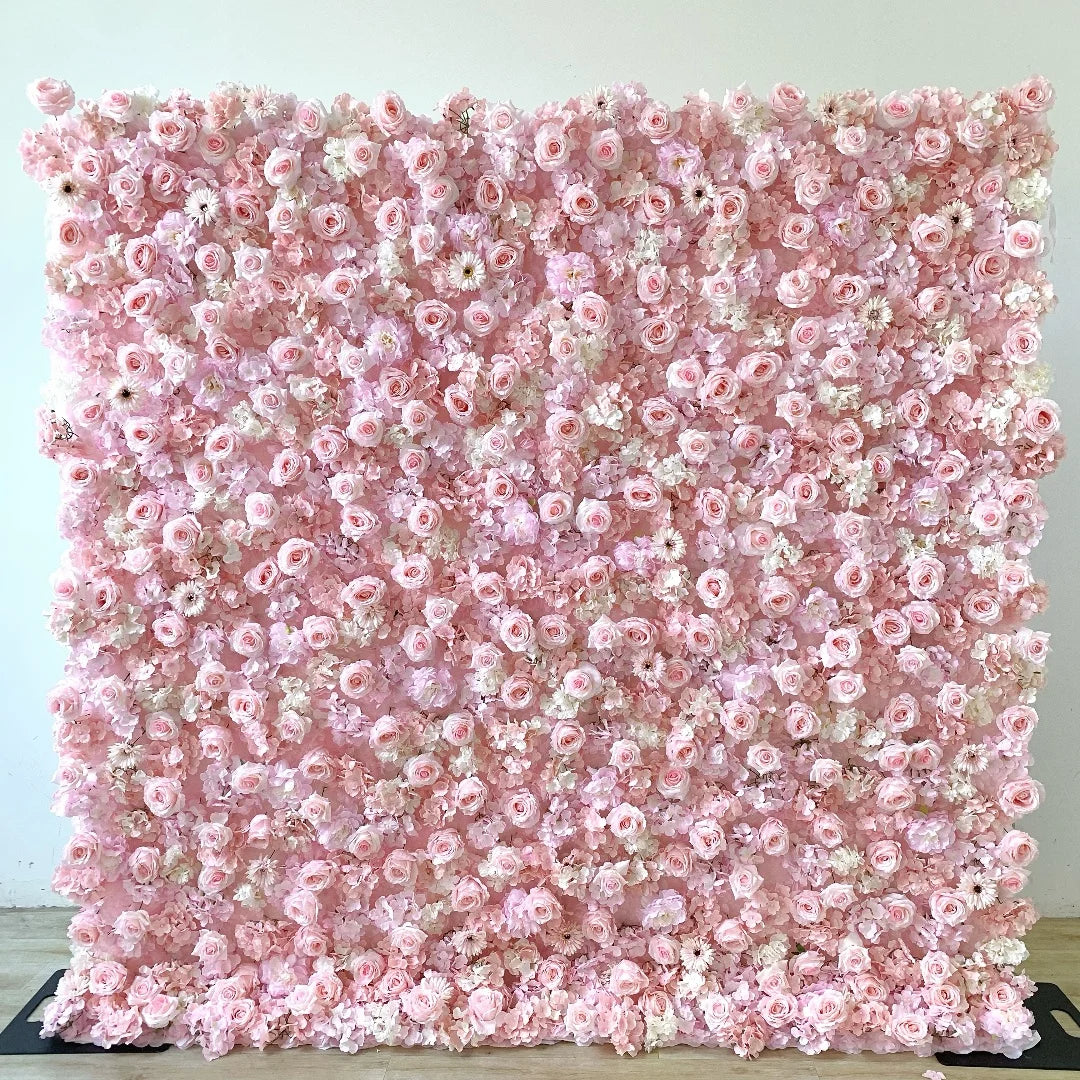 2025 Handmade Silk Pink Roses Flower Wall Backdrop 8ft X 8ft Square for Party Wedding Decoration