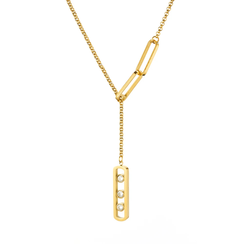 Fashion 18K Gold Plated Stainless Steel Jewelry Sliding Long Chain Tassel Square Zircon Pendent Necklace Women Necklace P243494