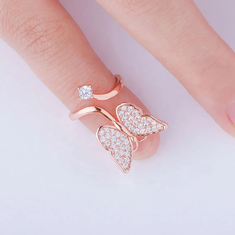 Luxury Ladies Lab Diamond Butterfly Tail Ring Hip Hop Iced Round Brilliant Cut Brass Gold Plated Daily Wear Engagement Jewelry